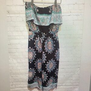 Strapless Black Floral Print Midi Dress with Ruffle